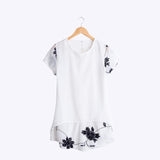 Plus Size 5XL Chiffon Blouse Women Clothing Loose Short Sleeve Embroidery Flower Print Patchwork White Tops Big Shirts D53558