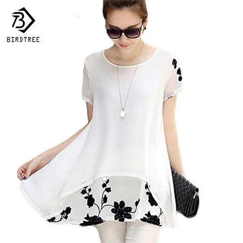 Plus Size 5XL Chiffon Blouse Women Clothing Loose Short Sleeve Embroidery Flower Print Patchwork White Tops Big Shirts D53558