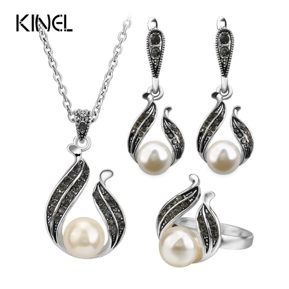 3Pcs Pearl Jewelry Sets For Women Silver Color Hollow Out Water Drop Necklace Earrings And Ring Vintage Wedding Jewelry Set